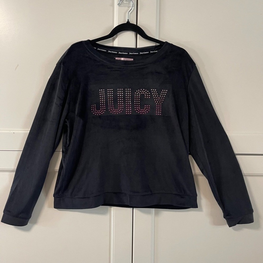 Juicy Couture Black Velour Rhinestone Logo Sleepwear Sweatshirt Top Large